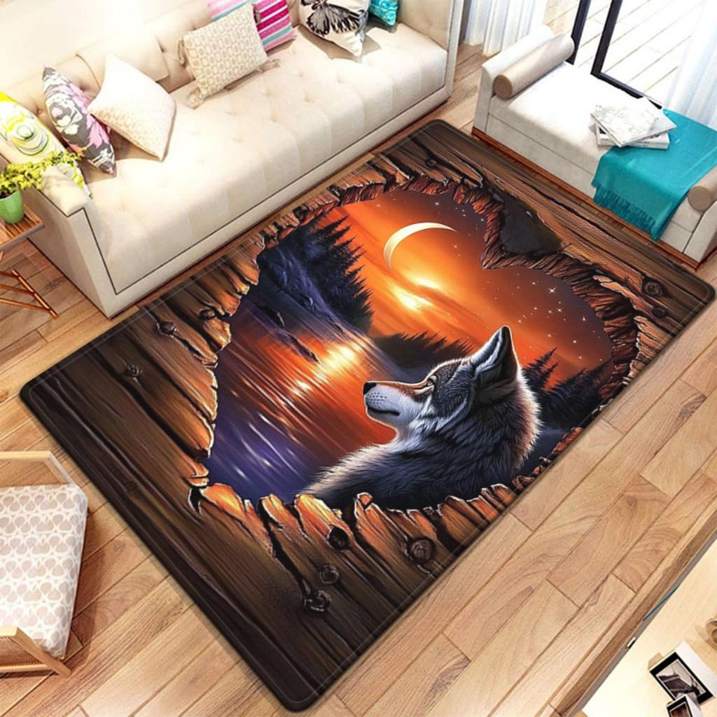 Wolf Sunset 3D Rug Crystal Velvet Carpet Living Room Decor Animal Print Floor Mat Home Decoration Artistic Design Soft Plush Rug