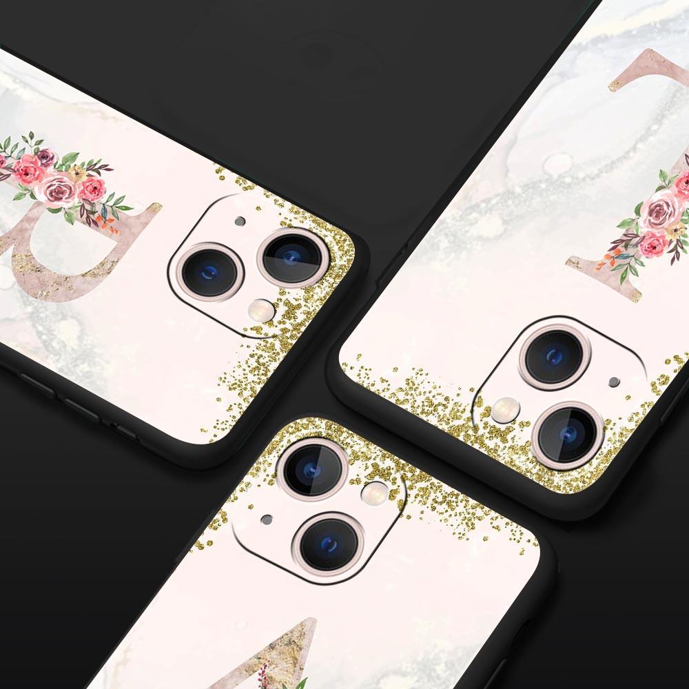 Flowers Letter Phone Case For iPhone 17 16 15 Pro Max 11 12 13 14 7 8 Plus SE 2020 X XR XS Cover Soft Black