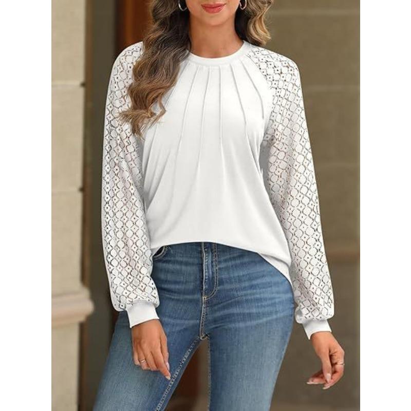 Women S Long Sleeve Lace Blouse Solid Color Loose Fit Casual Top