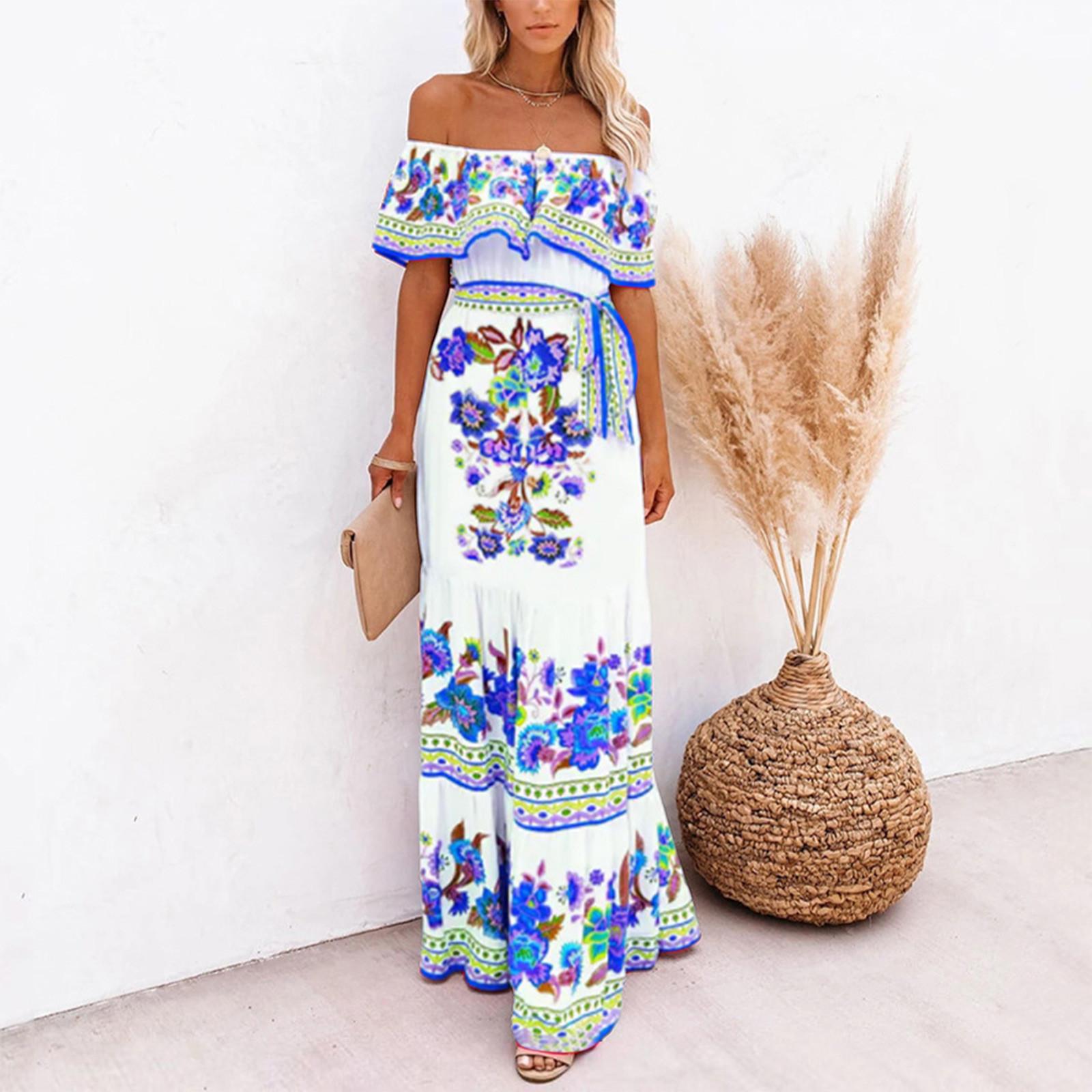 

Модна жіноча повсякденна літня вільна сукня з принтом і еластичною талією L синій