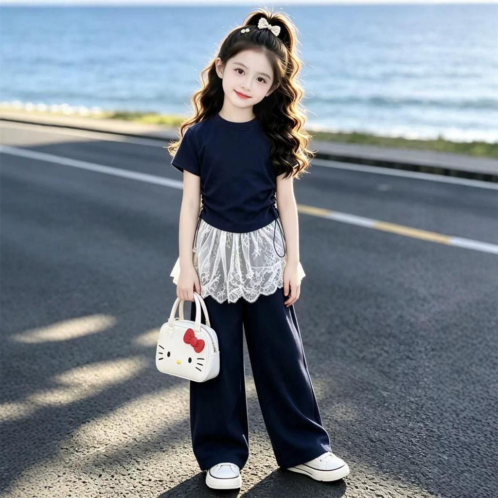 Girls' Korean Style Sporty Summer Two-Piece Set: Lace Trim Wide-Leg Pants & Short-Sleeve Top