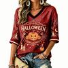 Damska koszulka z nadrukiem na Halloween, z dekoltem w serek, z krótkim rękawem, casualowy top