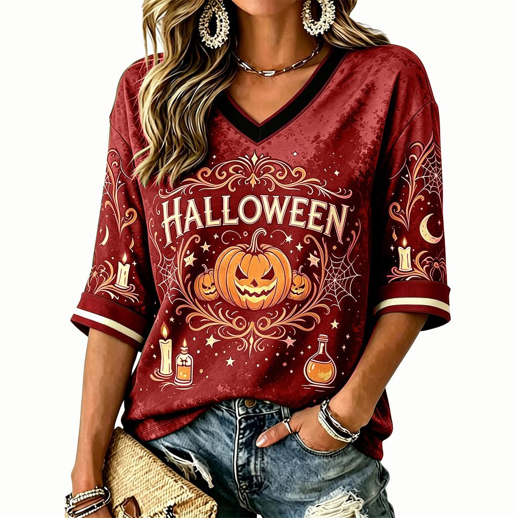 Damska koszulka z nadrukiem na Halloween, z dekoltem w serek, z krótkim rękawem, casualowy top