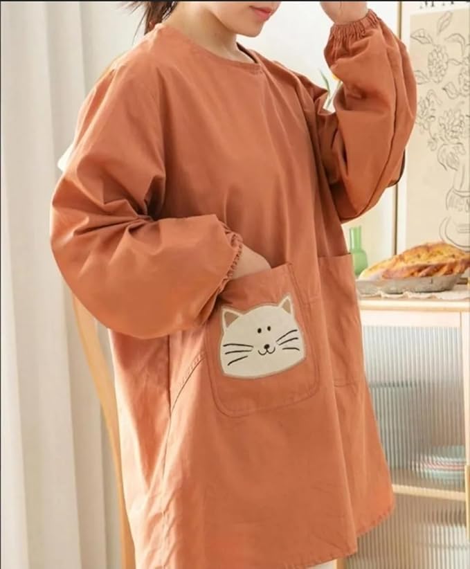 Kočičí zástěra s dlouhými zády Roztomilá kuchyňská Dlouhá kuchyňská halena pro školku Roztomilá kočka Kuchyň Přírodní zboží Y&Y&Y Kapsa, Rukávy, Oranžová, Stuha, Nošení,