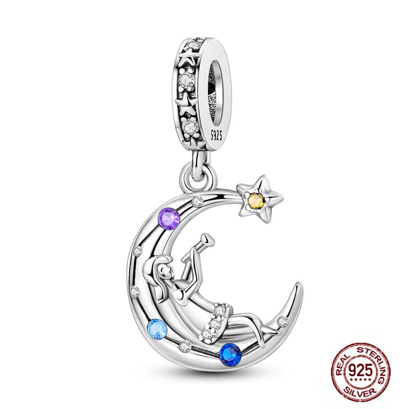 Round Clip Charms Plata Shining Moon Star Char Copper Spacer Clasp Fit Original Bracelet Glow Safety Chain Beads Diy Jewelry