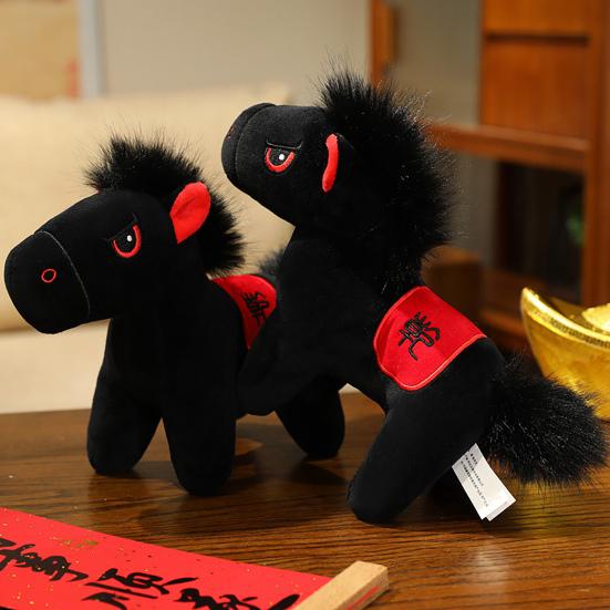 Black Horse Plush Toy Zodiac Year of The Horse Mascot Lucky Ornament Soft Stuffed Animal Doll  Home Decor Car Decoration