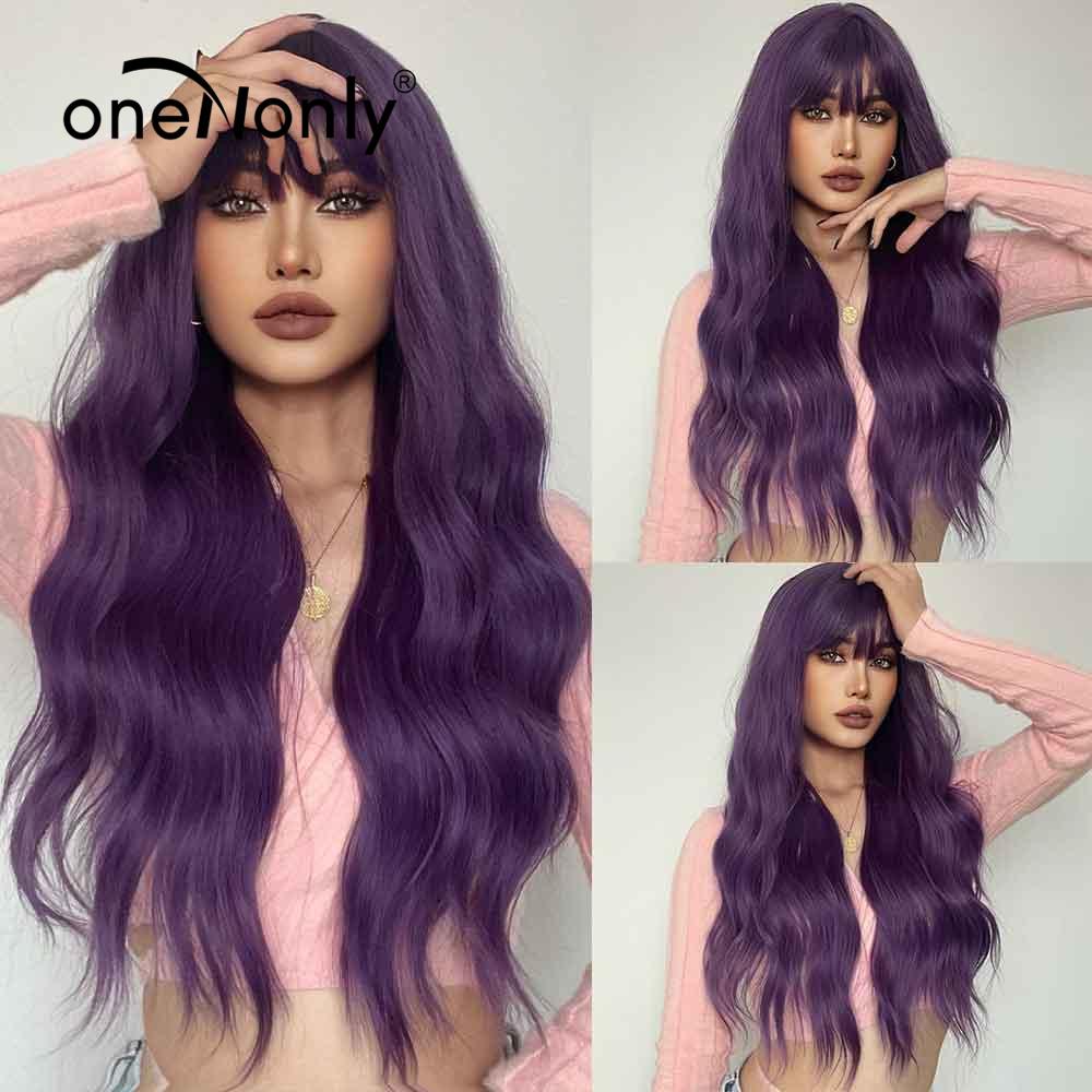 oneNonly Purple Blue Wig with Bangs Long Wavy Cosplay Lolita   Women Wigs  Halloween Party High Temperature Hair