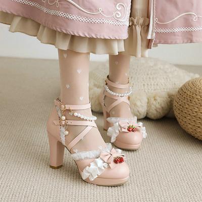 Mädchen High Heels Lolita Sandalen Damen Plateau Pumps Süße Schleife Rüschen Hochzeit Teenager Cosplay Party Schuhe Größe 33-46