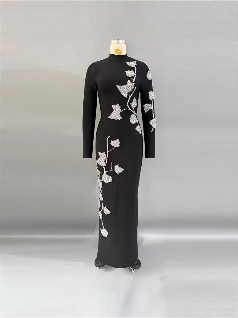 European-Style Rhinestone Beaded Slim Fit Evening Gown with Long Sleeves