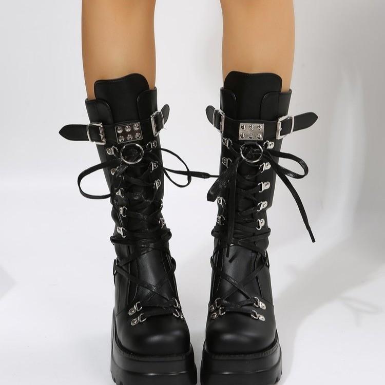 

Весенне-осенние женские ботинки на танкетке, ботинки-рыцари в панк-стиле на толстой подошве, модные ботильоны, размеры 35-43 37 чёрный