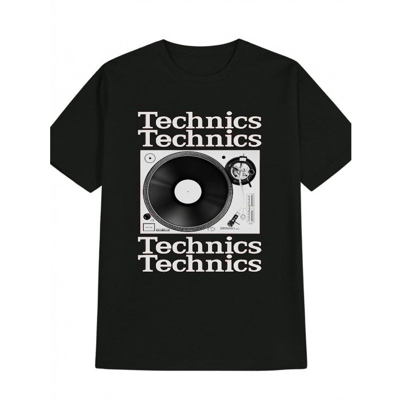 

European size Men s Vintage Turntable Graphic T-Shirt ettering & DJ-Inspired Design, Casual Round Neck Summer Tee, Machine Washable Music Lover Gift 4XL чорний