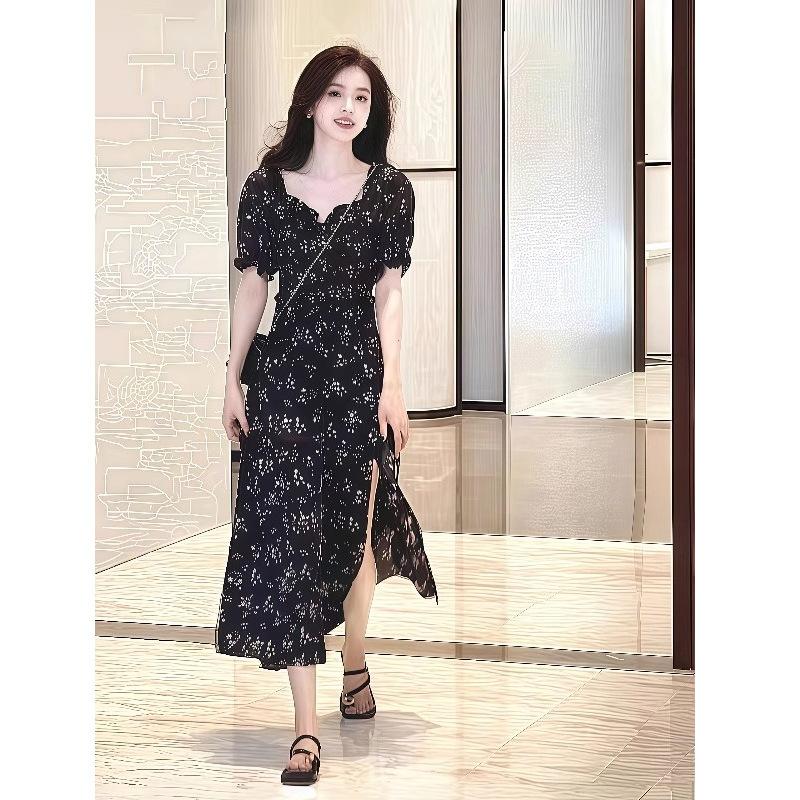 Floral Dress Women's Summer New French Bubble Sleeves Large Size Black Split Ends Waist and Thin Long Skirt