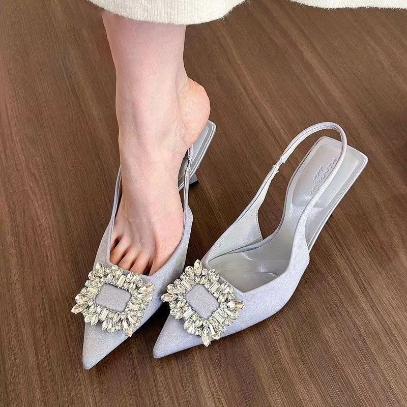 Schwarze spitze High-Heel-Einzelschuhe, Strass-Taschenkopf-Sandalen, Damen Sommer neue Stiletto-Röcke mit hohen Absätzen