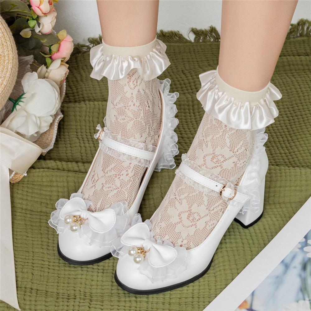 Fashion 2025 Women High Heels Cross Strap Mary Jane Pumps Party Wedding White Pink Black Bow Lace Beads Princess Cosplay Lolita Shoes