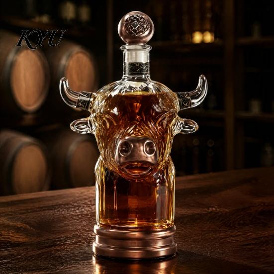 Domácí kancelář Barový dekor Horská kráva Karafka na whisky, Unikátní skleněná láhev na alkohol ve tvaru hlavy pro barovou karafku, 350ml Rustikální úložná nádoba, Dárek