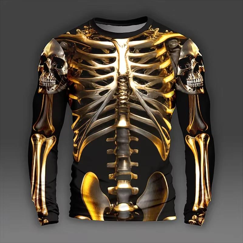 Spring and Autumn Round Neck 3D Skeleton Skull Pattern Printed Top Fashionable Casual Long Sleeved Men's T-shirts