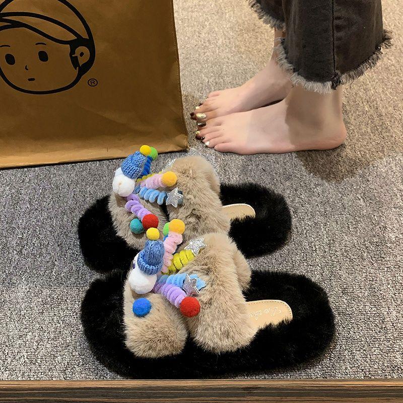 Sandals Size Cute Cartoon Fur Slippers Women Autumn Winter New Outdoor Wear Office Indoor Cotton Slippers