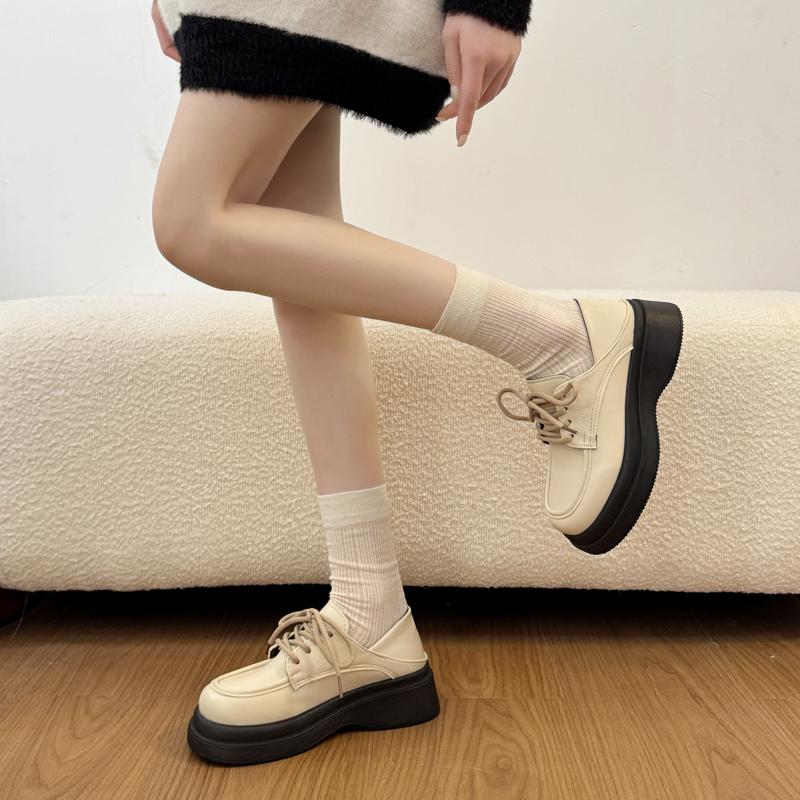 2026 New Spring Women Chunky Loafers Shoes Concise Round Toe Lace Up Shoes Female British Style Dress Leather Single Shoes