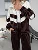Completo casual da donna europeo e americano a colori contrastanti, alla moda, abbinamento colori, cerniera, bavero, cardigan, pantaloni larghi elastici, set da due pezzi