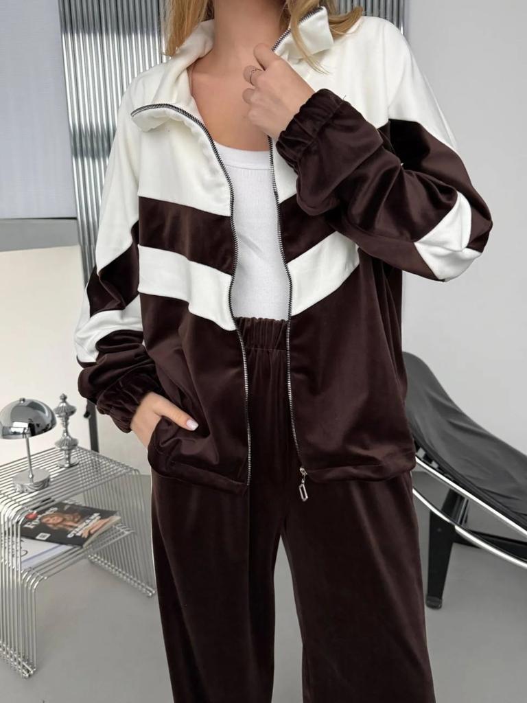 Completo casual da donna europeo e americano a colori contrastanti, alla moda, abbinamento colori, cerniera, bavero, cardigan, pantaloni larghi elastici, set da due pezzi