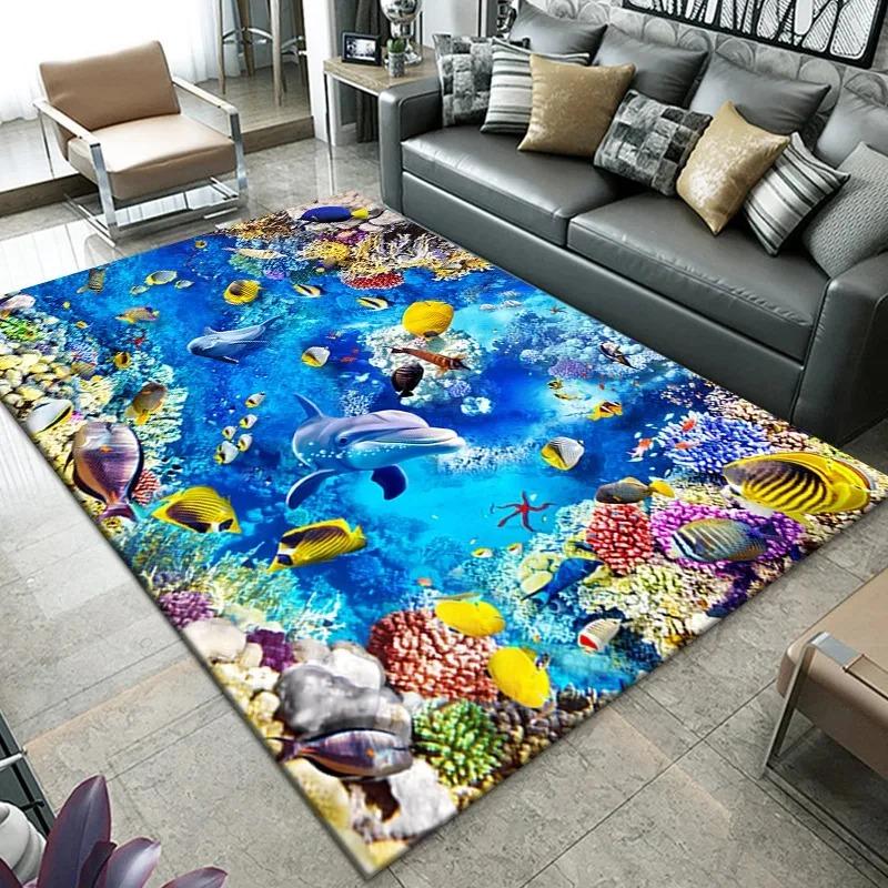 3D Beach Sea Waves Pattern Carpet Door Floor Mat Fish Doormat Non-slip Floor Mat Living Room Rug Home Room Bedroom Decoration