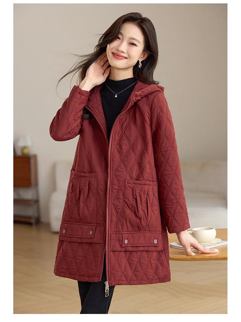 2024 Women's Mid-Length Hooded Cotton Coat: Stylish Autumn/Winter Fashion for Middle-Aged and Elderly