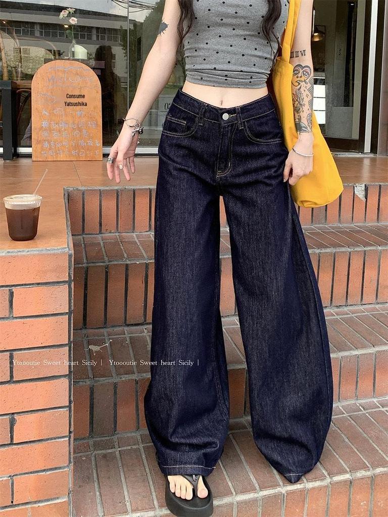 Women's High-Waisted Dark Blue Wide-Leg Jeans, Spring 2025 - Slimming, Hot Girl Style, Loose Straight-Leg Floor-Length Design