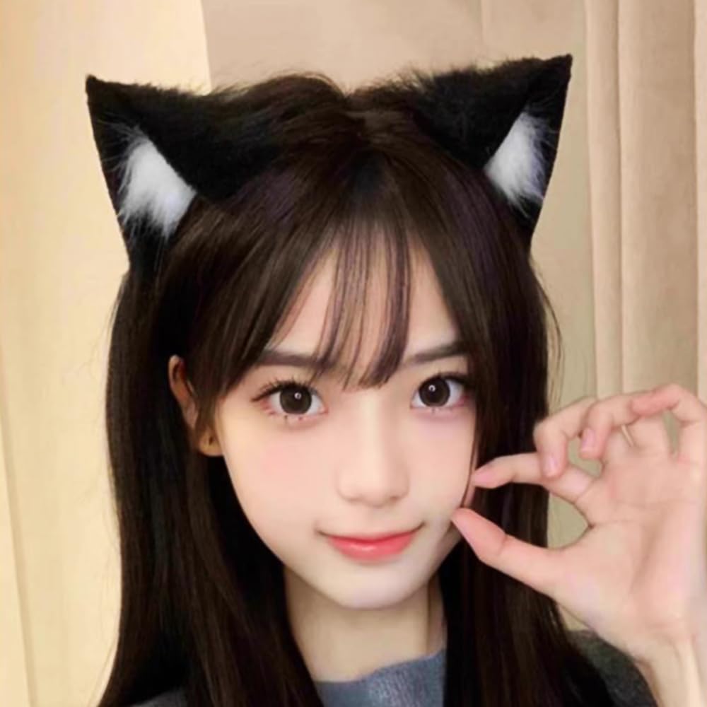 Cat Ears Animal Cat Ears Fluffy Ears Hair Band Costume Accessories Cat Costume Hair Accessories Event Supplies School Festival [Solxion] (Black &