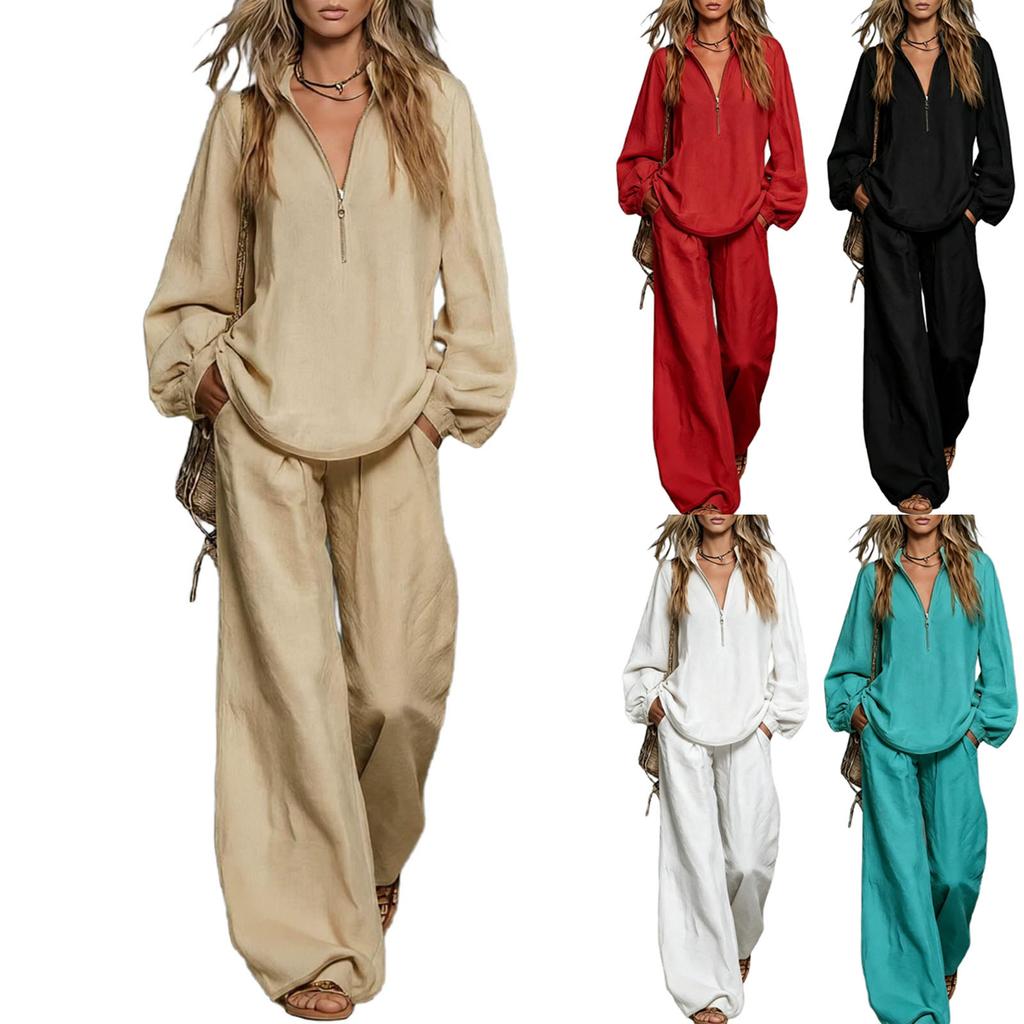 Women's Casual Two-Piece Top and Bottom Set with Half Zip Turn-Down Collar, Sleeves, Cotton Linen