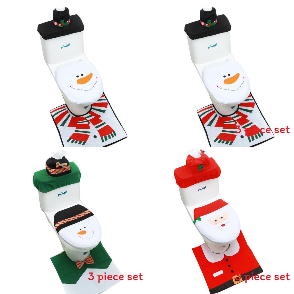 Christmas Themed Santa Claus Snowman Pattern Toilet Cover Three Piece Set For Holiday Bathroom Decor