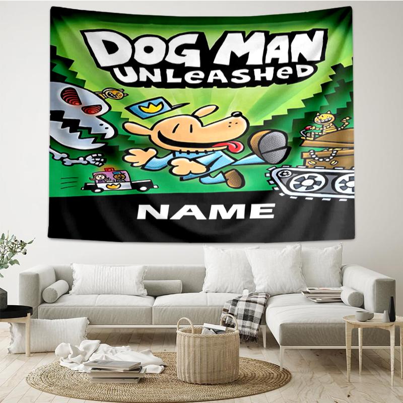 Custom Name Dog Man Print Tapestry, Backdrop, Easy Setup, Ideal for Bedroom, Office & Living Room, with Aesthetic Wall Hanging Decor.