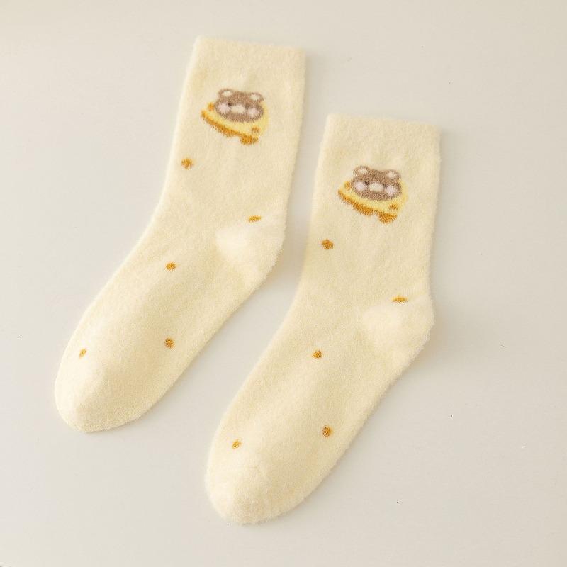 Autumn and Winter Coffee-colored Bear Australian Fleece Mid-calf Socks, Thickened, Warm and Cute Home Floor Socks
