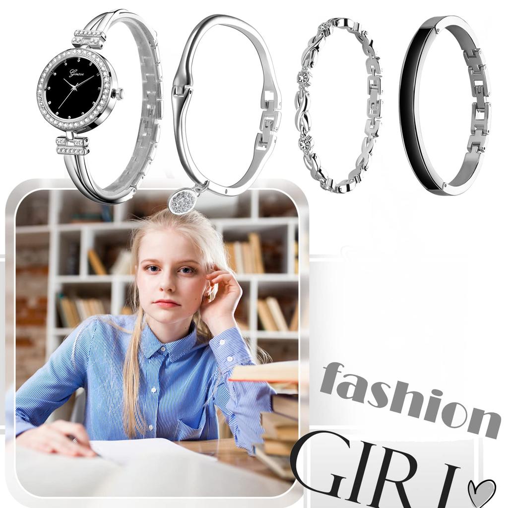 JEWELRYWE Watches and Bangle Simple and Analog Perfect Gift for and Day Women's Set, Cute, 4-Piece Set, Display, Waterproof, Popular, Stylish, Silver,