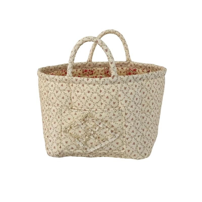 Floral Pattern Quilted Cotton Storage Basket Foldable Lightweight with Handles for Home Laundry Toy Organization