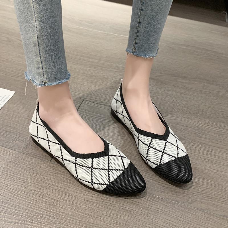 Women's Round Head Flat Shoes Mixed Color Knitted Slip on Shoes Casual Breathable Ballet Flats Woman Flat Shoes  Loafers Female