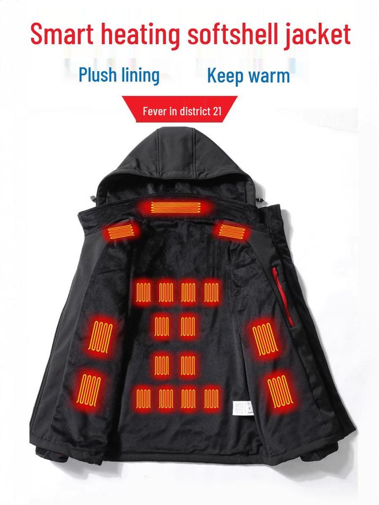 21st District Smart Beheizte Softshelljacke - USB Elektrische Fleecegefütterte Windjacke für Outdoor Radfahren & Angeln Wärme