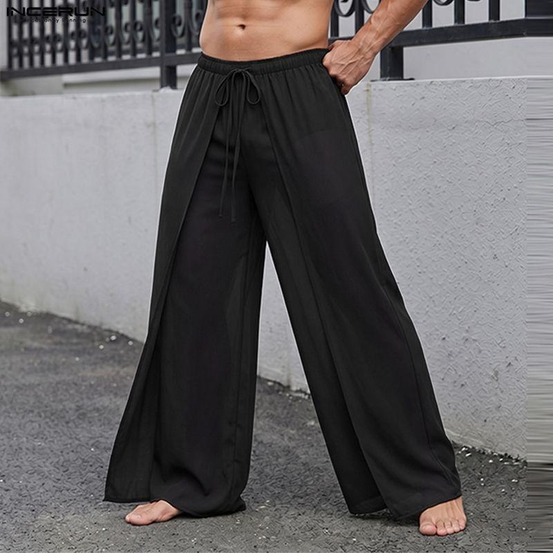 INCERUN Men's Sheer Overlay Split Trousers Casual Wide Leg Drawstring Beach Holiday Pants