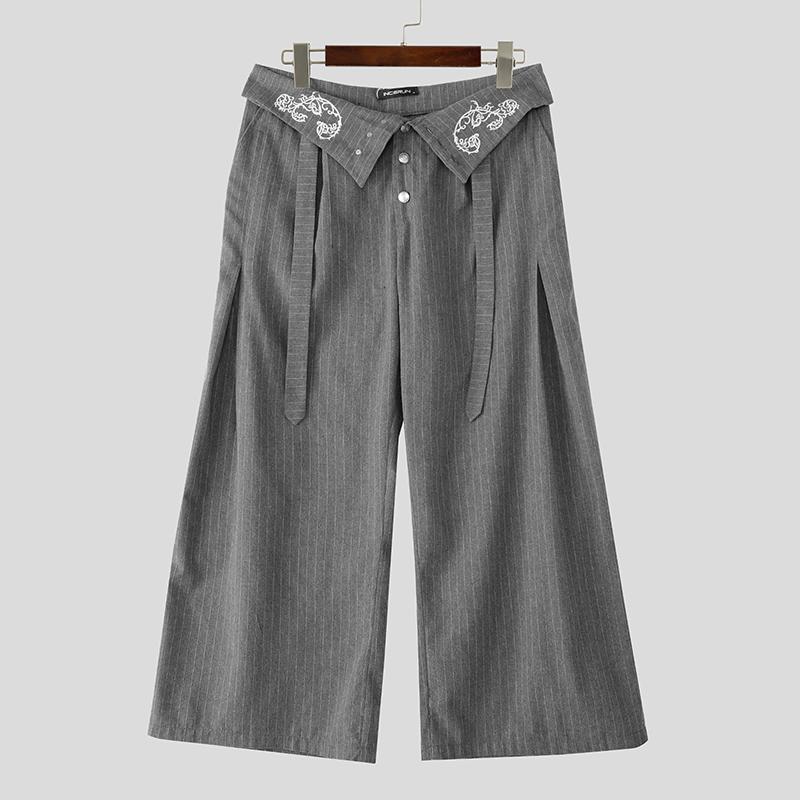 

INCERUN Men Casual High Zipper Waist Embroidery Loose Long Wide Legs Pants Trousers 5XL сірий колір