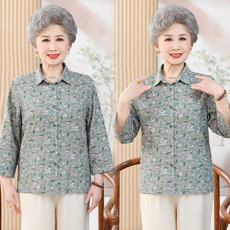 

Women s Long-Sleeve Floral Shirt for Grandma - Spring/Autumn Style 2XL for 105-120 jin зелёный