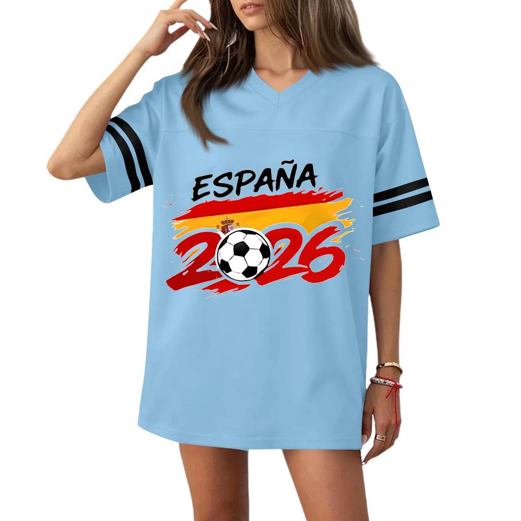 Women’s Casual V Neck Football Jersey Flag Print Short Sleeve Sports T Shirt Top for 2026 Soccer Fans
