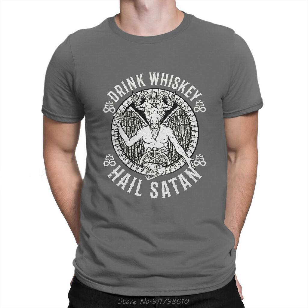 Whiskey Wine Drinks TShirt For Men Hail Satan Satanic Baphomet Basic Summer Tees T Shirt Tops Novelty New Cotton T-shirt