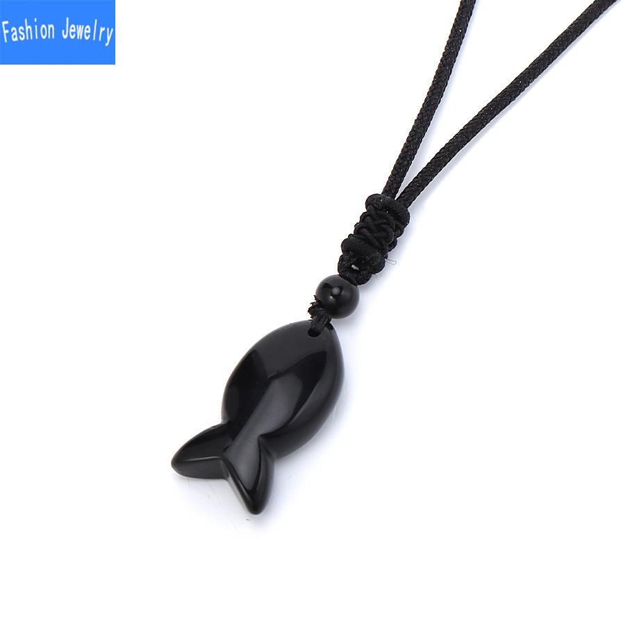 Niche unique design natural agate stone fish pendant crystal braided necklace jewelry
