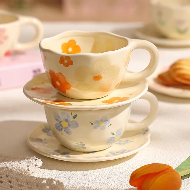 300ML Korean Style Hand Pinched Irregular Ceramic Mug Hand-painted Flower Heart Coffee Cup Breakfast Milk Afternoon Tea Cup Gift