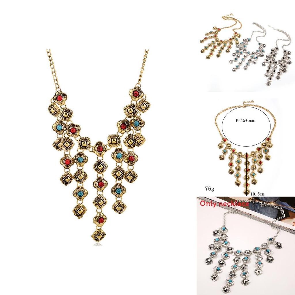 Ethnic Style Simulation Gemstone Decoration Tassel Design Women Necklace For Vintage Jewelry Fans