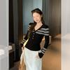 Grey Striped Lapel Knitted Sweater Long Sleeve T-Shirt Women's Autumn and Winter Wear Slim Button Bottom Top