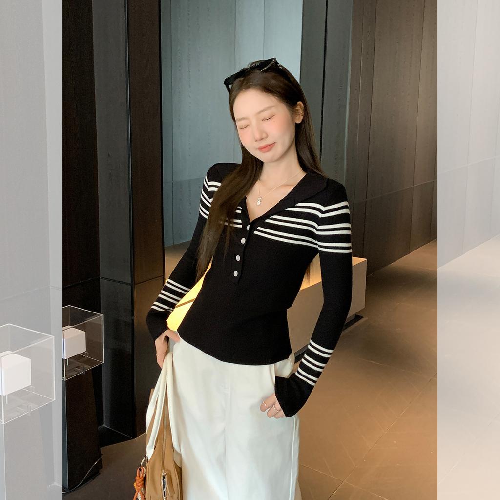 Grey Striped Lapel Knitted Sweater Long Sleeve T-Shirt Women's Autumn and Winter Wear Slim Button Bottom Top
