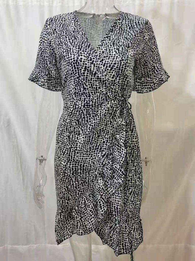 Printed V-Neck Tie High Waist Chiffon Floral Dress