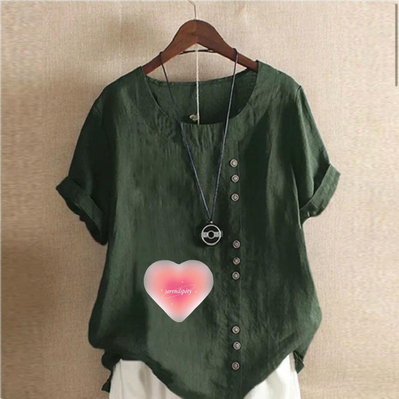 Women's Fashion Round Neck Short Sleeve T-shirt Casual Cotton Linen Graphic Shirt Leisure Loose Pink Love Prined Summer Blouse Tops