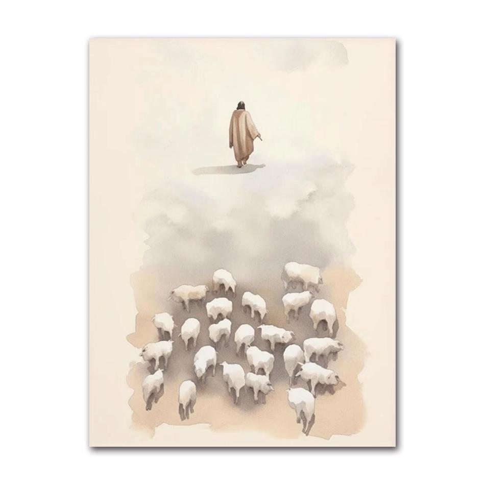 Sheep Kids Back Shadow Poster Print Canvas Printing Wall Art Picture for Living Room Nursery De Watercolor Christianity Jesus