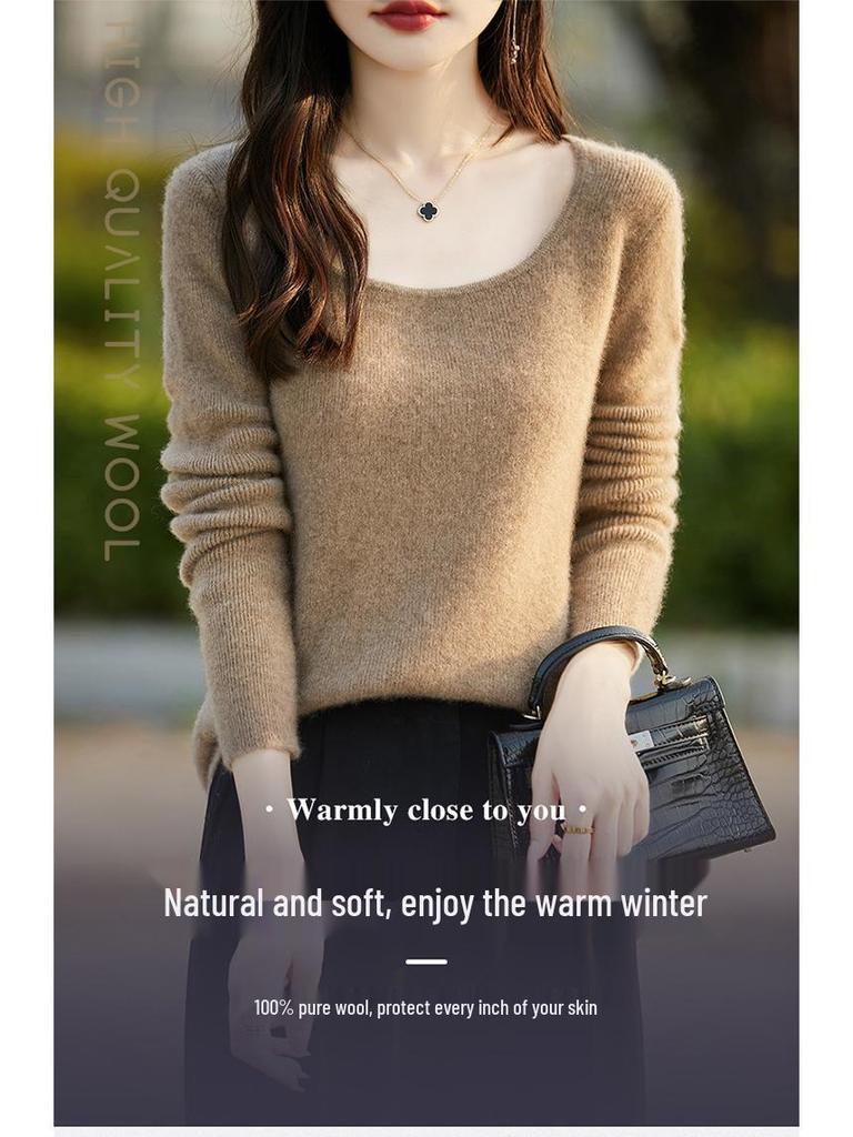Slim Fit U-Neck Cashmere Sweater: Women's Elegant Spring/Autumn Knitwear Pullover